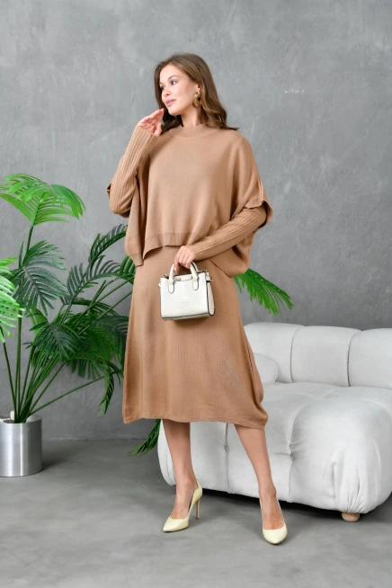 Kadın Dik Yaka Kısa Kol Kazak Uzun Elbise İkili Triko Takım