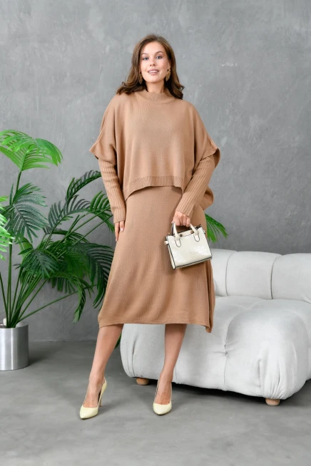 Kadın Dik Yaka Kısa Kol Kazak Uzun Elbise İkili Triko Takım