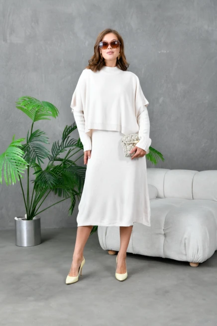 Kadın Dik Yaka Kısa Kol Kazak Uzun Elbise İkili Triko Takım