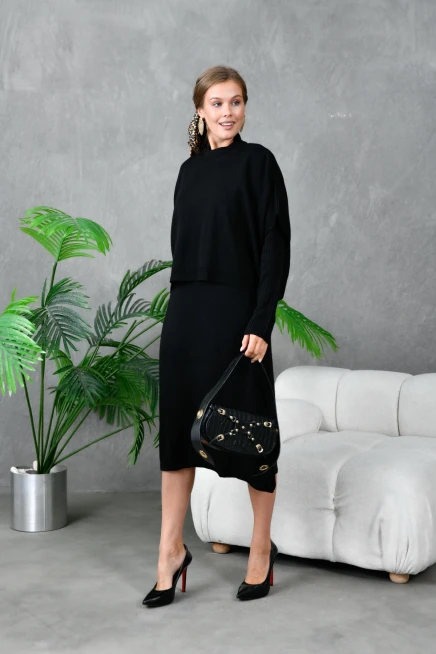 Kadın Dik Yaka Kısa Kol Kazak Uzun Elbise İkili Triko Takım