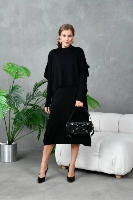 Kadın Dik Yaka Kısa Kol Kazak Uzun Elbise İkili Triko Takım