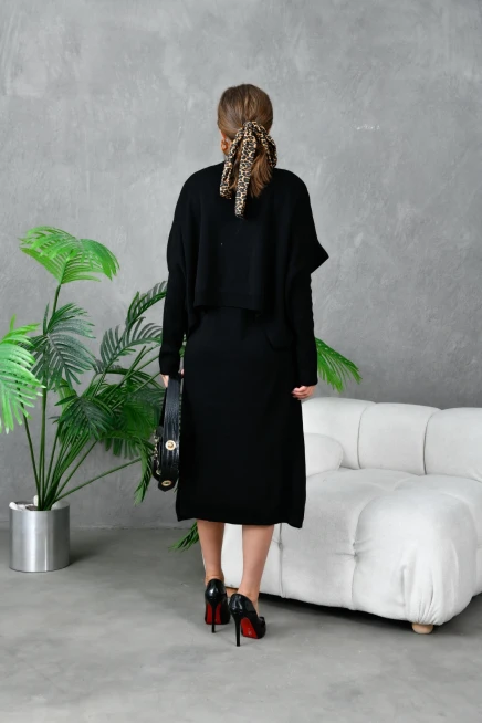 Kadın Dik Yaka Kısa Kol Kazak Uzun Elbise İkili Triko Takım