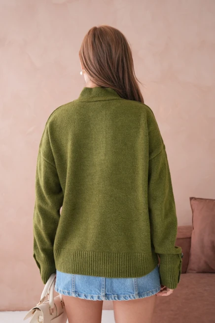 Kadın Dik Yaka Kolları Düğme Detaylı Yumuşak Dokulu Şardonlu Triko Kazak