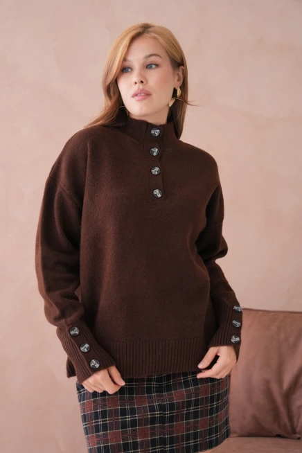 Kadın Dik Yaka Kolları Düğme Detaylı Yumuşak Dokulu Şardonlu Triko Kazak