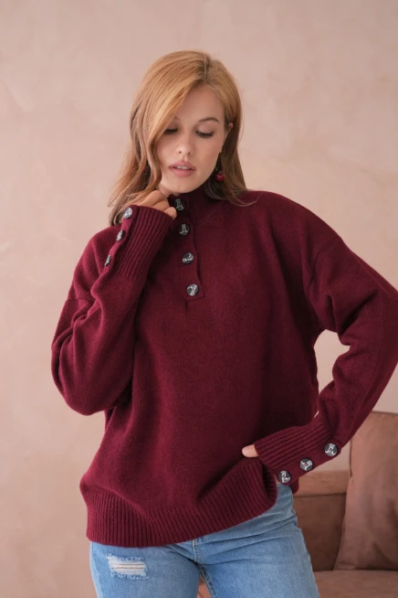 Kadın Dik Yaka Kolları Düğme Detaylı Yumuşak Dokulu Şardonlu Triko Kazak