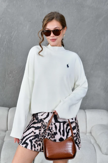 Kadın Dik Yaka Oversize Nakışlı Triko Kazak