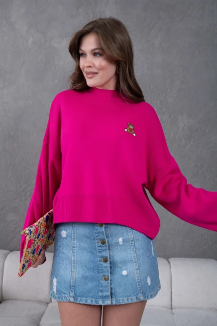 Kadın Dik Yaka Oversize Nakışlı Triko Kazak