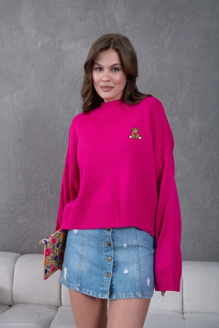 Kadın Dik Yaka Oversize Nakışlı Triko Kazak