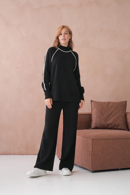 Kadın Dik Yaka Yarım Pat Fermuar Yırtmaçlı Kazak Pantolon İkili Triko Takım