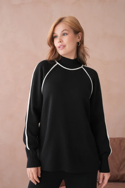 Kadın Dik Yaka Yarım Pat Fermuar Yırtmaçlı Kazak Pantolon İkili Triko Takım