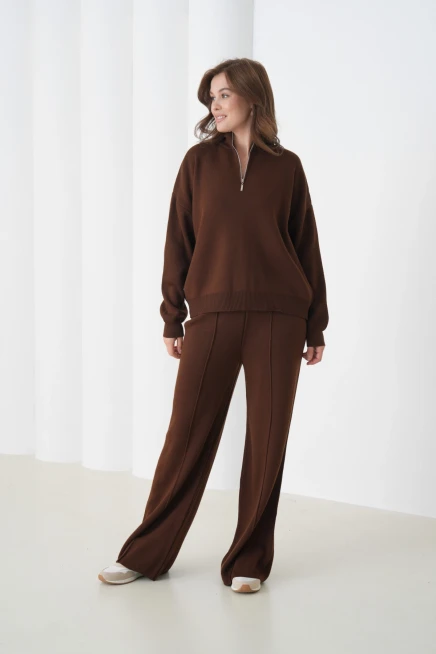 Kadın Dik Yaka Yarım Pat Fermuar Yırtmaçlı Kazak Pantolon İkili Triko Takım