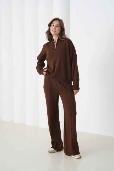 Kadın Dik Yaka Yarım Pat Fermuar Yırtmaçlı Kazak Pantolon İkili Triko Takım