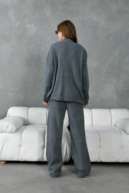 Kadın Dik Yaka Yırtmaçlı Oversize Kazak Pantolon İkil Triko Takım