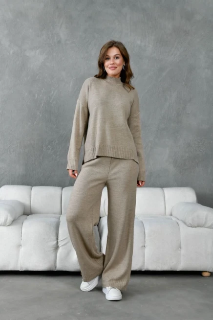 Kadın Dik Yaka Yırtmaçlı Oversize Kazak Pantolon İkil Triko Takım