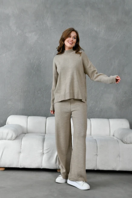 Kadın Dik Yaka Yırtmaçlı Oversize Kazak Pantolon İkil Triko Takım