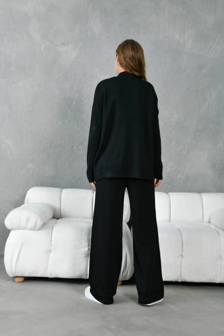 Kadın Dik Yaka Yırtmaçlı Oversize Kazak Pantolon İkil Triko Takım