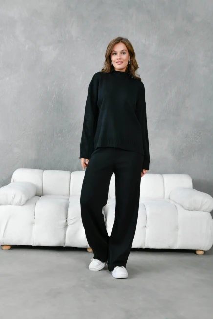 Kadın Dik Yaka Yırtmaçlı Oversize Kazak Pantolon İkil Triko Takım