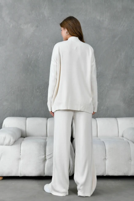 Kadın Dik Yaka Yırtmaçlı Oversize Kazak Pantolon İkil Triko Takım