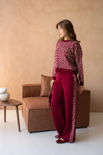 Kadın Geniş Yaka Desenli Kazak Pantolon İkili Triko Takım