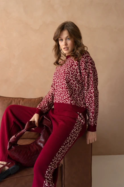 Kadın Geniş Yaka Desenli Kazak Pantolon İkili Triko Takım