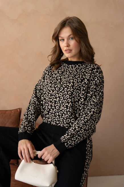 Kadın Geniş Yaka Desenli Kazak Pantolon İkili Triko Takım