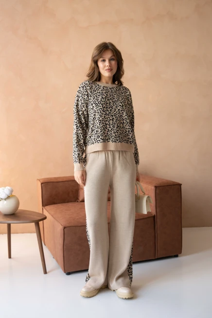 Kadın Geniş Yaka Desenli Kazak Pantolon İkili Triko Takım