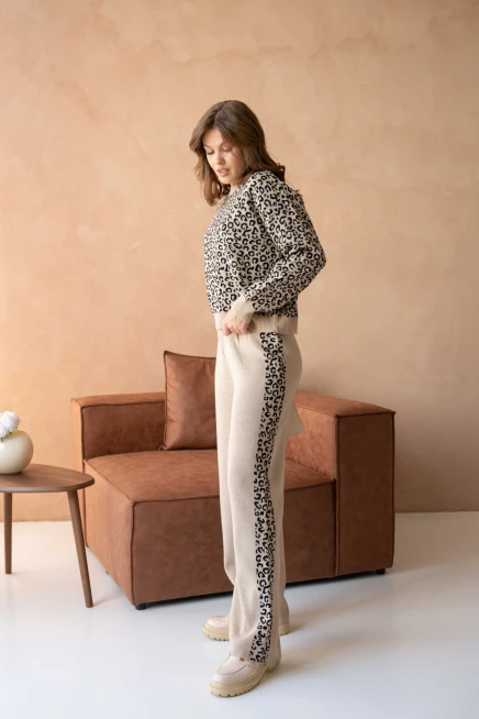 Kadın Geniş Yaka Desenli Kazak Pantolon İkili Triko Takım