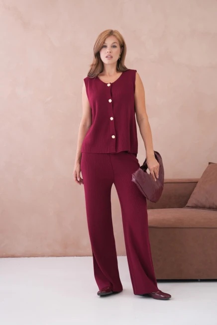 Kadın Geniş Yaka Düğme Detay Kaşkorse Uzun Yelek Pantolon İkili Triko Takım