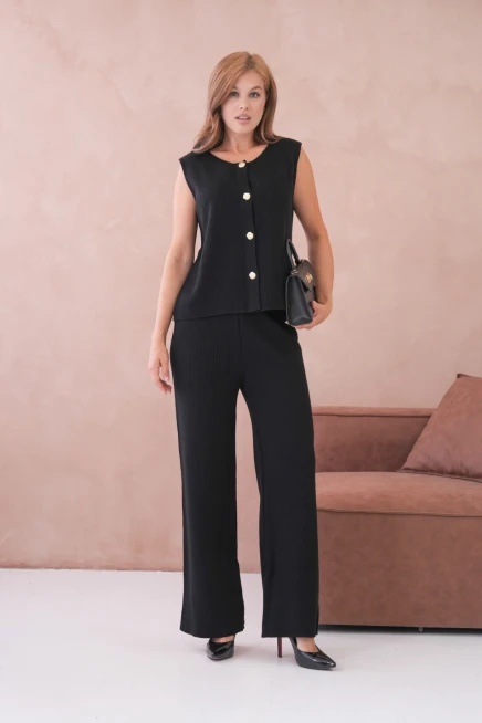 Kadın Geniş Yaka Düğme Detay Kaşkorse Uzun Yelek Pantolon İkili Triko Takım