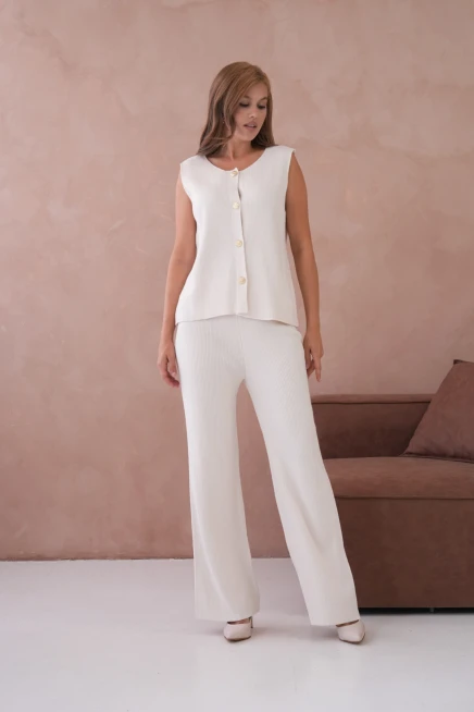 Kadın Geniş Yaka Düğme Detay Kaşkorse Uzun Yelek Pantolon İkili Triko Takım