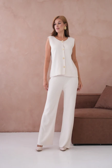 Kadın Geniş Yaka Düğme Detay Kaşkorse Uzun Yelek Pantolon İkili Triko Takım