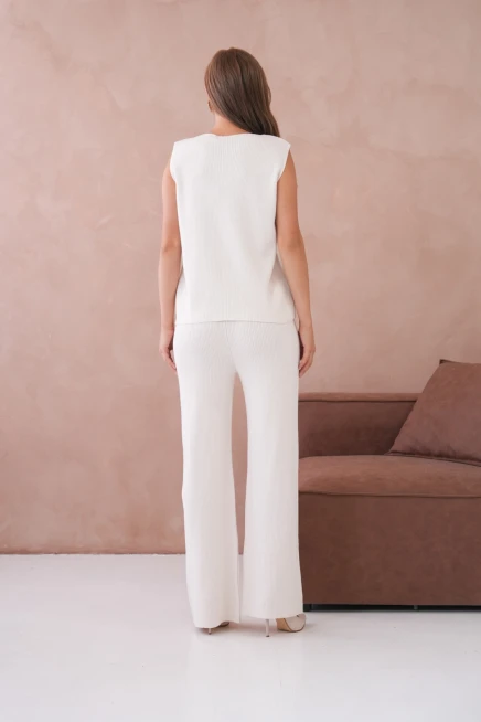 Kadın Geniş Yaka Düğme Detay Kaşkorse Uzun Yelek Pantolon İkili Triko Takım