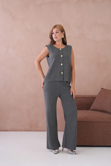 Kadın Geniş Yaka Düğme Detay Kaşkorse Uzun Yelek Pantolon İkili Triko Takım