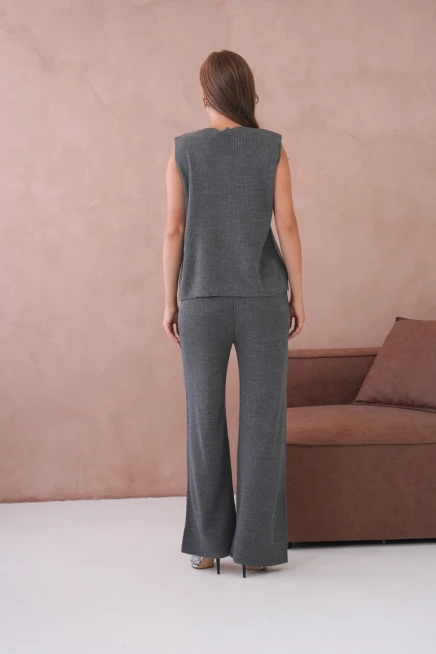 Kadın Geniş Yaka Düğme Detay Kaşkorse Uzun Yelek Pantolon İkili Triko Takım