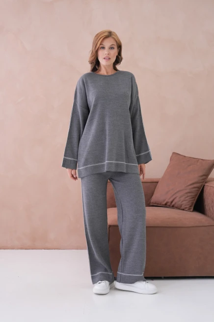 Kadın Geniş Yaka Kazak Pantolon İkili Triko Takım