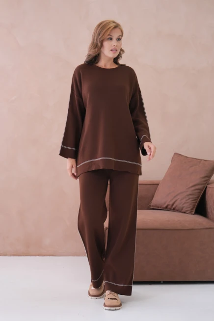 Kadın Geniş Yaka Kazak Pantolon İkili Triko Takım