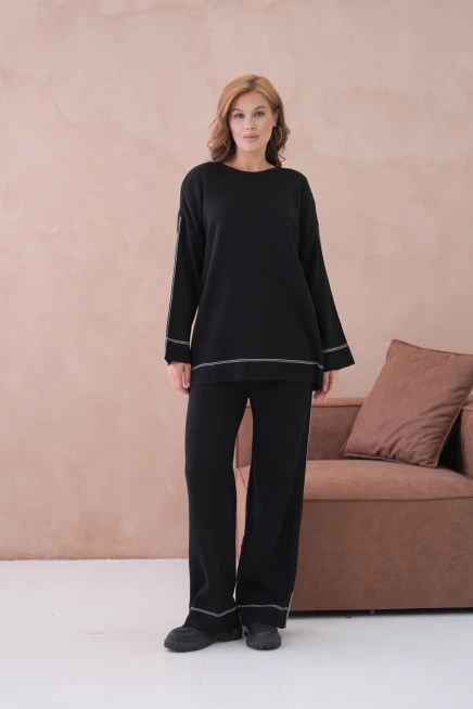 Kadın Geniş Yaka Kazak Pantolon İkili Triko Takım