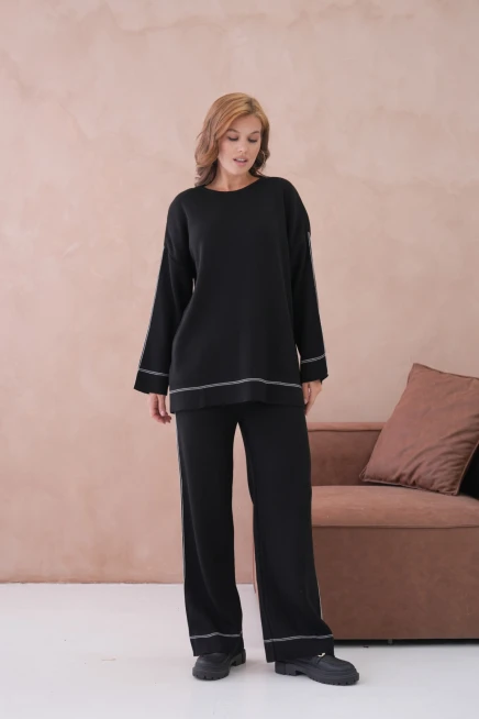 Kadın Geniş Yaka Kazak Pantolon İkili Triko Takım