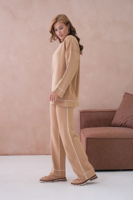 Kadın Geniş Yaka Kazak Pantolon İkili Triko Takım
