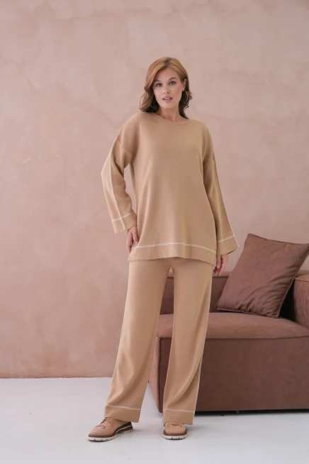 Kadın Geniş Yaka Kazak Pantolon İkili Triko Takım