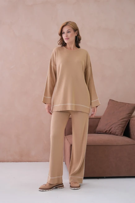 Kadın Geniş Yaka Kazak Pantolon İkili Triko Takım
