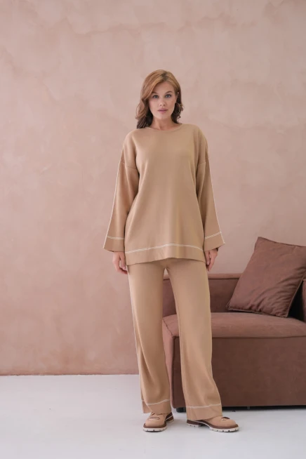 Kadın Geniş Yaka Kazak Pantolon İkili Triko Takım