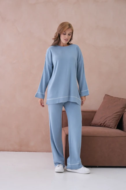 Kadın Geniş Yaka Kazak Pantolon İkili Triko Takım