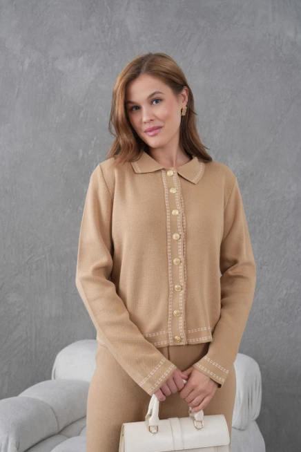 Kadın Gömlek Yaka Düğme Detay Ceket Pantolon İkili Triko Takım