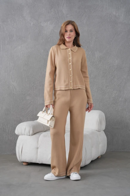 Kadın Gömlek Yaka Düğme Detay Ceket Pantolon İkili Triko Takım