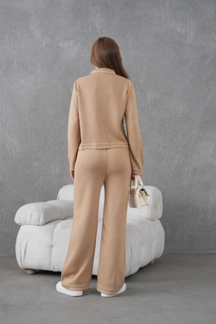 Kadın Gömlek Yaka Düğme Detay Ceket Pantolon İkili Triko Takım