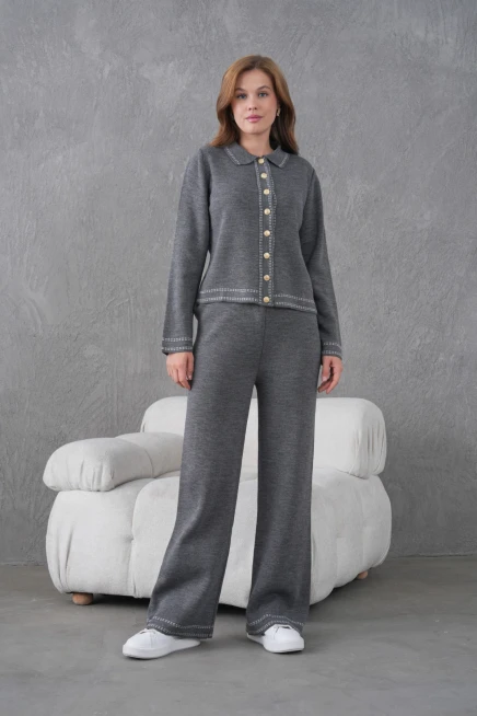 Kadın Gömlek Yaka Düğme Detay Ceket Pantolon İkili Triko Takım