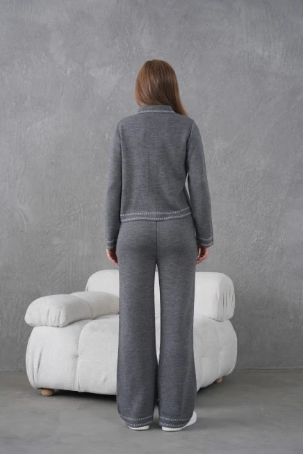 Kadın Gömlek Yaka Düğme Detay Ceket Pantolon İkili Triko Takım