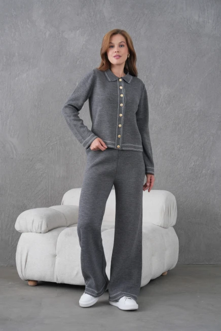 Kadın Gömlek Yaka Düğme Detay Ceket Pantolon İkili Triko Takım