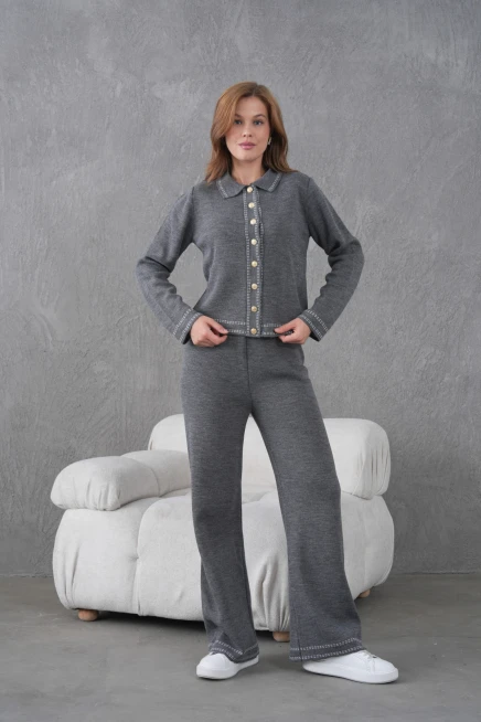 Kadın Gömlek Yaka Düğme Detay Ceket Pantolon İkili Triko Takım